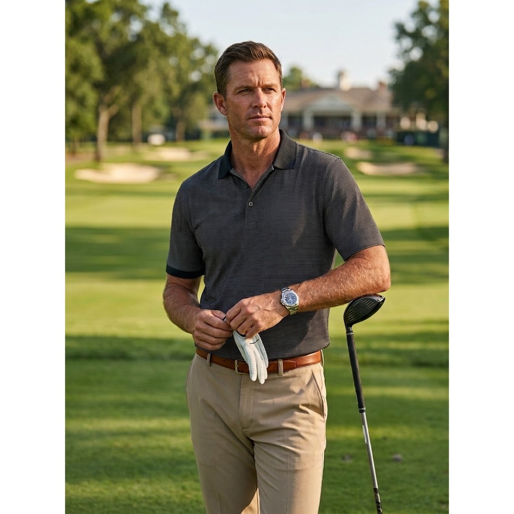 Greg Norman Mens XL Polo Shirt Black Pinstripe 60/2 Mercerized Cotton Golf Tee